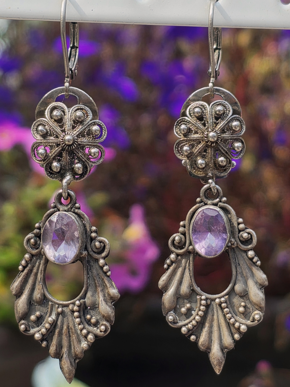 Sterling Silver Filigree Drop Earrings with Light Purple Gemstones